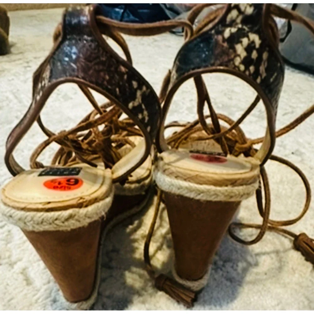 White‎ House Black Market Snakeskin Cork Lace Up Wedge Sandals